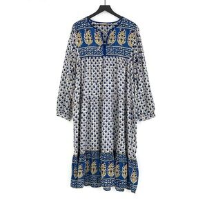 MATTA Cotton Midi Dress Paisley Batik Print Blue Cream XL